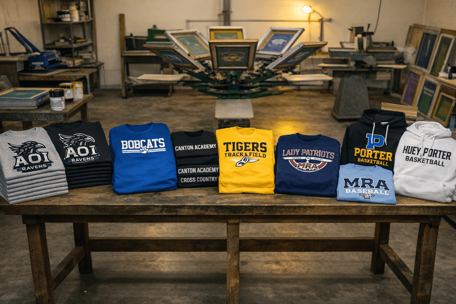 Custom apparel and printing showcase for teams, schools, and businesses