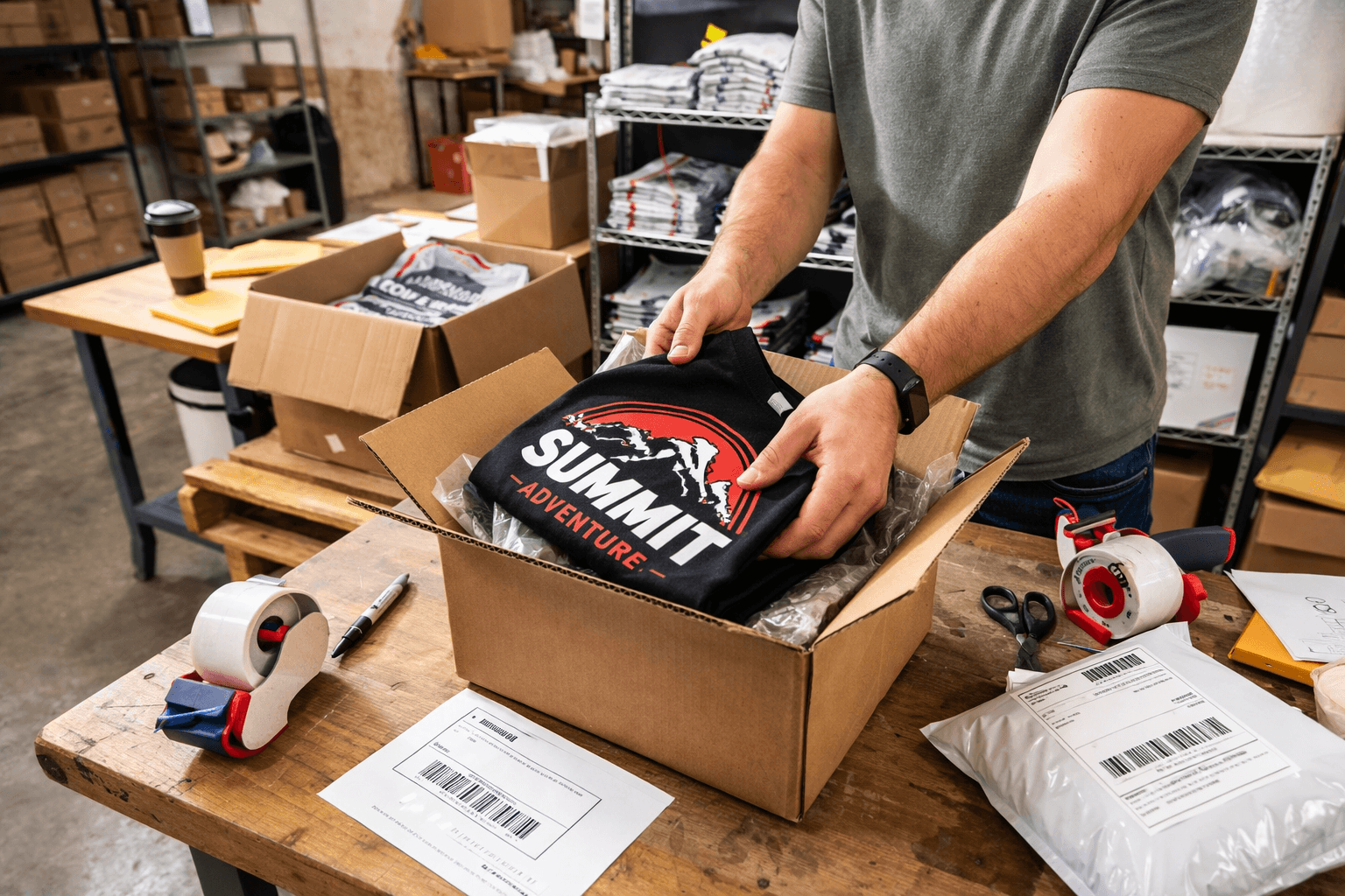 Order packing and shipping workflow for merch fulfillment