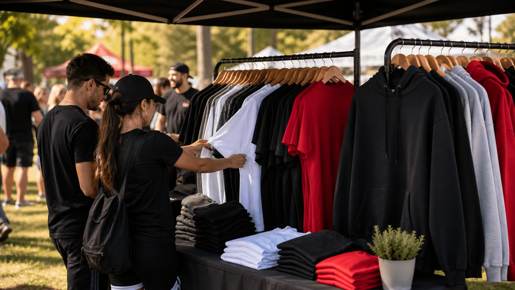 Customers browsing custom apparel at an outdoor event merchandise pop-up